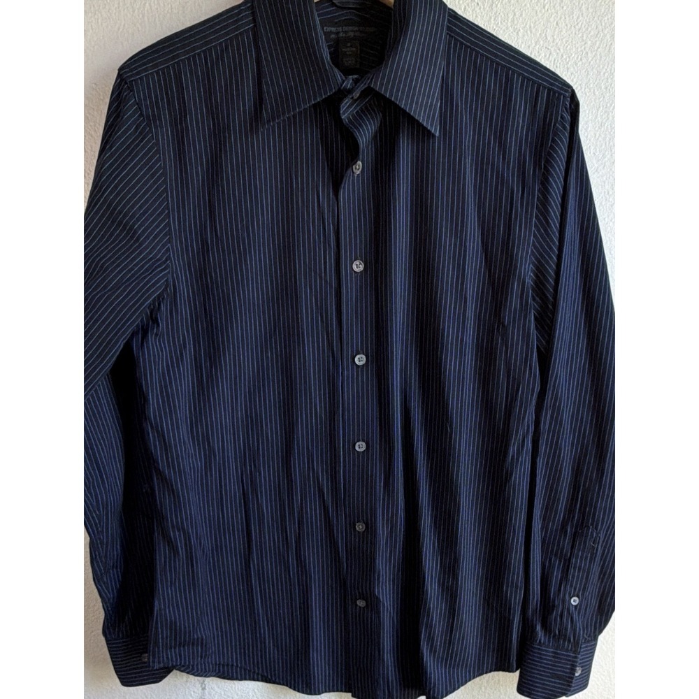 Express Design Studio Men's S 34/35 Black/Blue Striped Modern Fit Cotton Shirt